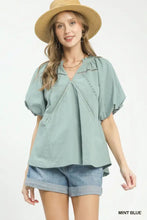 Mint blue umgee lace inset boho blouse with puff sleeves and delicate lace detailing at the neckline