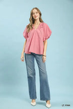 Umgee lace inset puff sleeve boho blouse in soft light pink with delicate lace inset and puffed sleeves