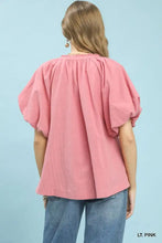 Umgee lace inset puff sleeve boho blouse in soft light pink with gathered neckline and puffy short sleeves