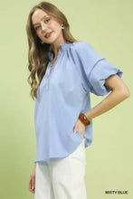 Misty blue umgee lace trim peasant top with smocked neckline and delicate lace trim on sleeves for feminine style