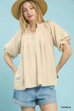 Beige oatmeal umgee linen v neck blouse with flutter sleeve and gathered neckline in lightweight linen fabric
