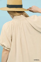 Beige oatmeal umgee linen blouse with a high ruffled neckline and puffed sleeves, linen v neck style alternative
