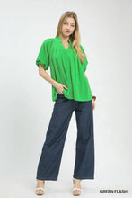 Vibrant green umgee linen v neck blouse with flutter sleeve ruffled short sleeves lightweight design
