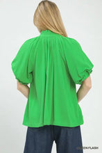 Vibrant green umgee linen blouse with puffed flutter sleeve and gathered high neckline for lightweight comfort
