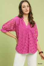 Umgee linen v-neck lace puff sleeve top in vibrant pink with intricate floral lace puff sleeve design