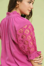 Umgee linen v-neck lace puff sleeve top in vibrant fuchsia with intricate floral lace puff detailing on sleeves and ruffled neckline