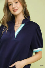 Navy blue satin blouse with ruffled collar and light blue contrast trim in Umgee luxe knit contrast puff sleeve top