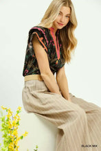 Umgee mix floral print blouse in black with pink trim and orange accents featuring a mix floral design