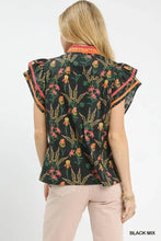Umgee mix floral print blouse in black with ruffled short sleeves and vibrant orange contrast trim along neckline and edges