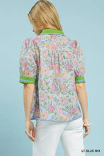 Umgee light blue mix floral puff sleeve blouse with green contrast trim on collar and cuffs