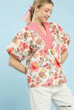 Umgee mix floral coral and cream floral print blouse with ribbed pink collar and short puffed sleeves