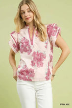 Pink mix floral ruffle blouse with v-neckline and ruffle sleeve details by umgee in lightweight fabric
