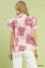 Pink umgee mix floral ruffle blouse with floral ruffle sleeves and subtle collar perfect for casual wear