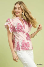 Pink mix floral ruffle sleeve blouse with short sleeves and v-neckline by umgee in lightweight fabric