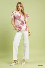 Pink Umgee mix floral ruffle blouse featuring a floral ruffle sleeve and v-neckline for stylish wear