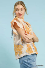 Umgee mix floral ruffle sleeveless blouse in honey orange cream with delicate blue accents and ruffle shoulder details