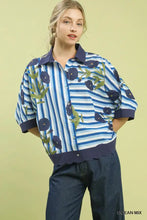 Blue and white striped umgee mix floral stripe button down top with embroidered navy flowers and scalloped hem