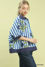 Umgee mix floral stripe button down top with blue white stripes navy accents and embroidered green dark blue poppy flowers
