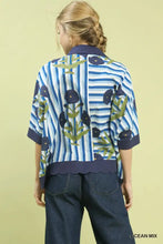 Umgee mix floral stripe button down top with blue and white stripes embroidered with dark blue poppies and green stems