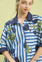 Umgee mix floral stripe button down top with blue and white stripes and navy blue poppy embroidery detail
