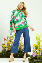 Green and white striped mix floral stripe button down top with pink floral print collar and three quarter sleeves by Umgee