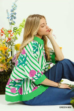 Umgee mix floral stripe button down top featuring green and white stripes with pink floral prints and green trim
