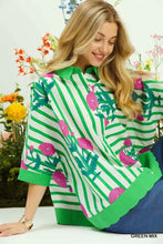Green and white striped mix floral stripe button down top with pink poppy prints and matching green collar cuffs hem