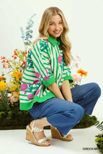 Umgee mix floral stripe button down top featuring green and white stripes with pink floral accents on lightweight fabric