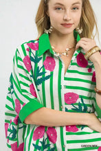 Umgee mix floral stripe button down top in green and white stripes with bold pink embroidered flowers and solid green collar