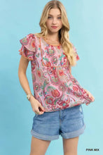 Pink mix paisley ruffle top featuring ruffled short sleeves and embroidered neckline by umgee