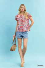 Pink floral umgee mix paisley ruffle sleeve top with peplum hem and delicate paisley pattern