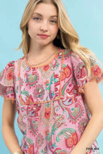 Umgee mix paisley ruffle sleeve top in pink with orange-trimmed neckline and ruffled short sleeves