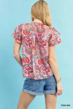 Pink mix paisley ruffle blouse with gathered back and ruffled short sleeves from umgee mix paisley ruffle sleeve top