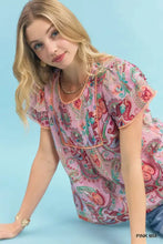 Umgee mix paisley ruffle sleeve pink blouse with scalloped neckline and red teal gold accents in intricate paisley pattern