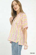 Umgee mix print boho blouse in pink and yellow floral pattern with short sleeves v-neckline and contrast trim