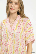 Umgee mix print boho blouse in soft lightweight fabric featuring pink yellow floral and striped contrast trim