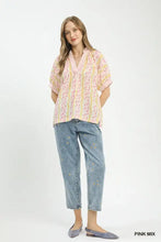 Umgee mix print boho blouse with soft pink and yellow stripes floral pattern short sleeves and v-neckline