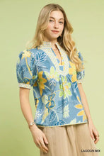 Umgee mixed abstract print puff sleeve blouse in blue floral with yellow and green accents and a high neckline