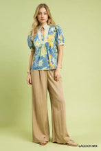 Umgee mixed abstract print puff sleeve blouse in blue floral with yellow green accents and lace collar detail