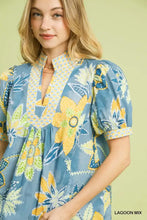 Umgee mixed abstract print puff sleeve blouse in blue floral with yellow and green accents and a high collar