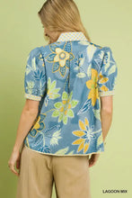 Umgee mixed abstract blue floral print puff sleeve blouse with yellow green accents and matching patterned collar