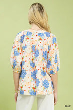 Umgee mixed floral print blouse in blue with puffed sleeves and gathered waist for a stylish casual look