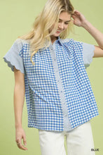 Umgee mixed gingham short sleeve shirt in blue and white gingham with ruffled short sleeves and button-up front