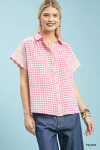 Pink and white mixed gingham short sleeve blouse with ruffled cuffs from umgee mixed gingham short sleeve shirt collection