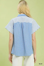 Blue and white mixed gingham short sleeve blouse with striped sleeves and ruffled hem by Umgee