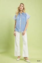 Blue and white mixed gingham short sleeve blouse with ruffled cuffs from umgee featuring gingham short sleeve design