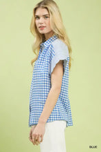 Umgee mixed gingham short sleeve shirt in blue and white gingham pattern with relaxed fit button-up design