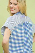 Blue and white mixed gingham short sleeve top with sleeveless design and striped shoulder panels by umgee