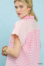 Pink and white gingham cotton blouse with collar short flutter sleeves and relaxed fit umgee mixed gingham short sleeve shirt