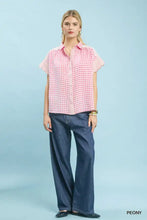 Umgee mixed gingham short sleeve shirt in pink and white gingham with collar and button-up front